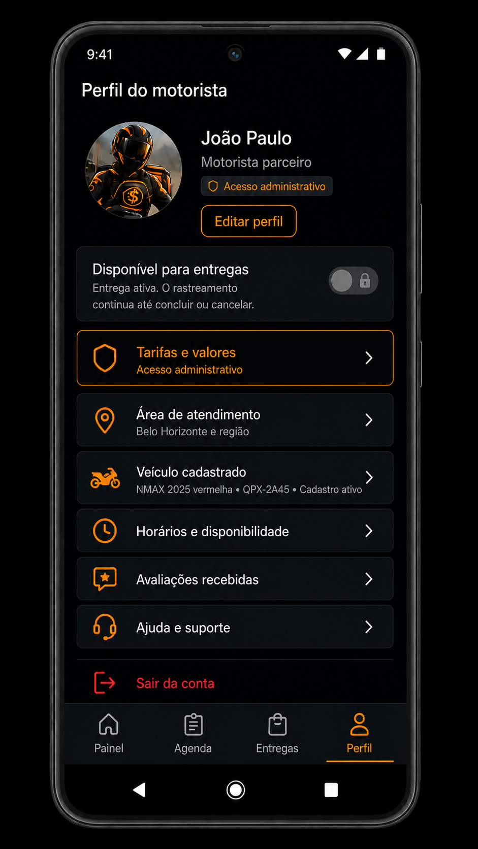 Tela de perfil administrativo do motorista no aplicativo ValorBH