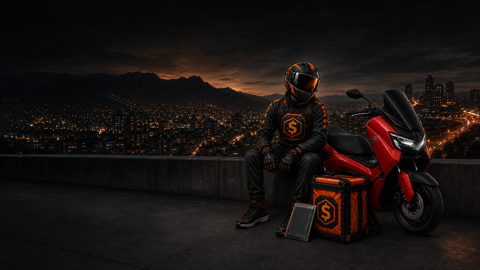Motorista ValorBH ao lado da moto com Belo Horizonte ao fundo