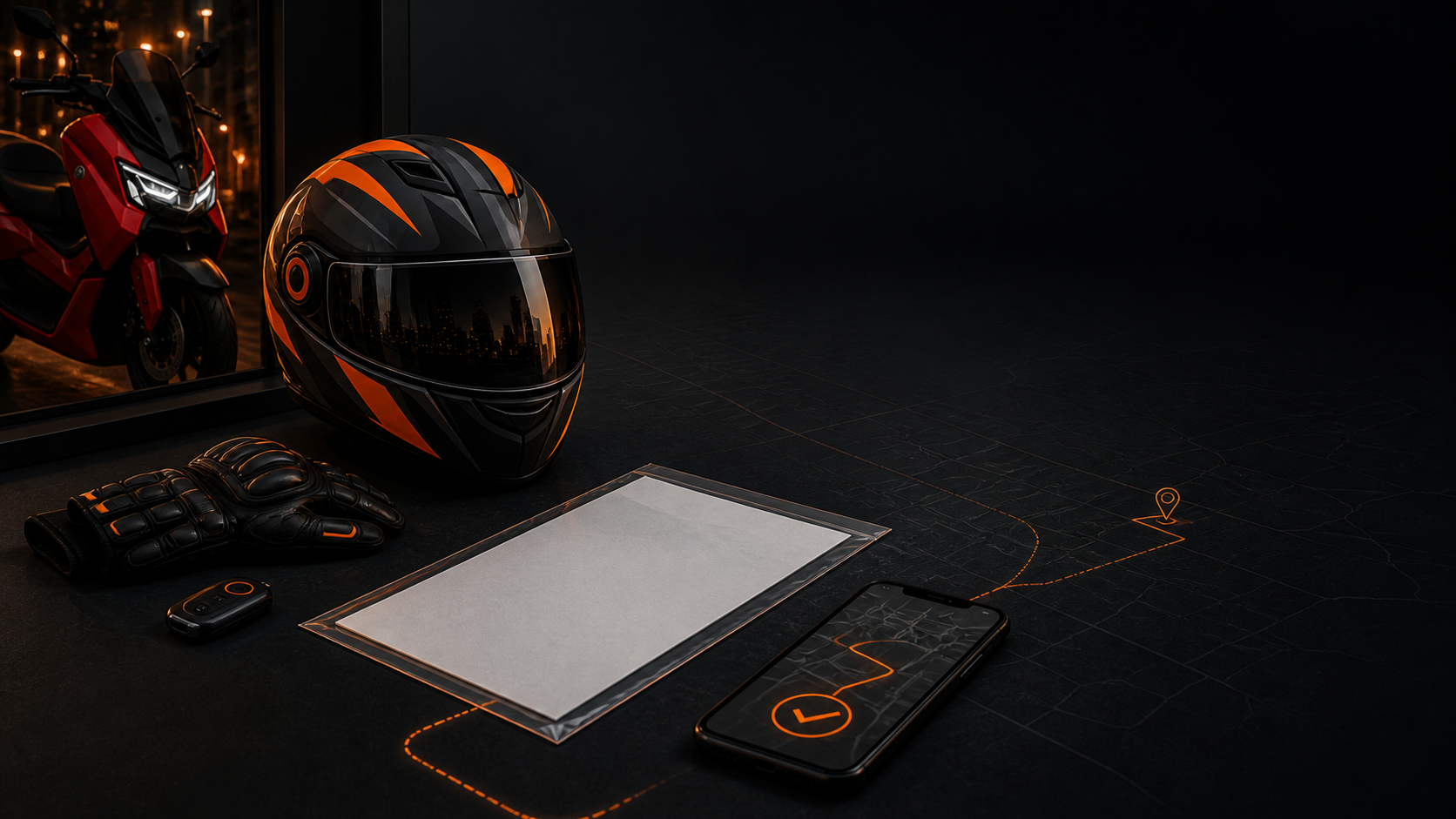Capacete, luvas, documento protegido e celular organizados para uma entrega