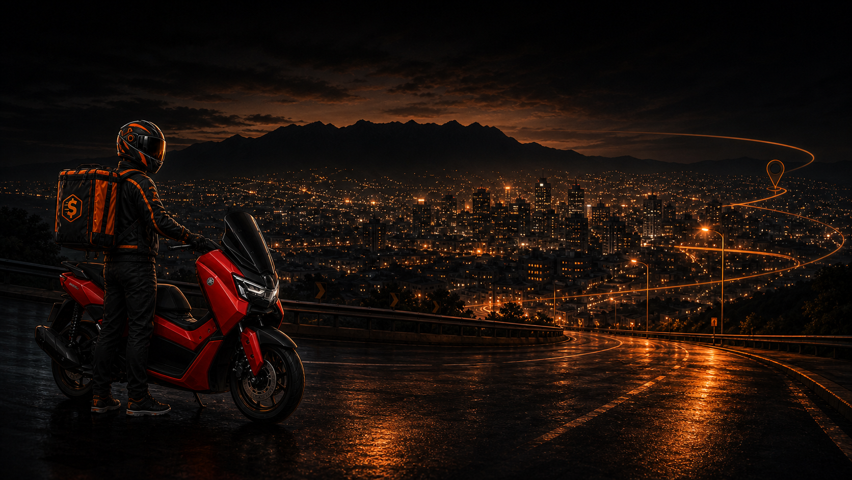 Motorista ValorBH e moto diante da vista noturna de Belo Horizonte
